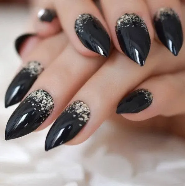 Press On Nails Black Glossy Almond Stiletto Gold Nail Kit