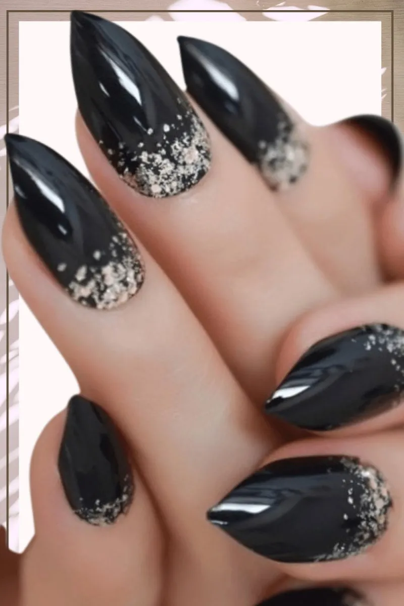 Press On Nails Black Glossy Almond Stiletto Gold Nail Kit