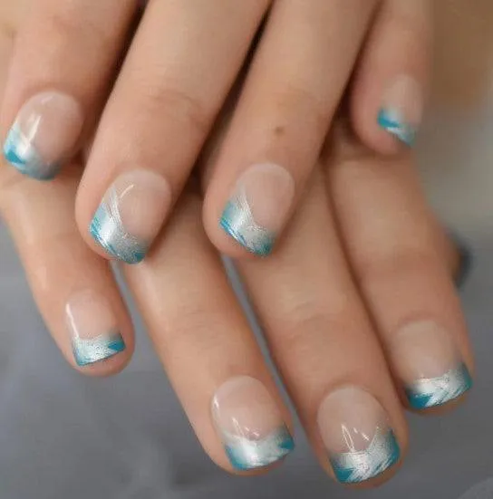Press On Nails Blue And Silver French Glossy Round Nail Kit