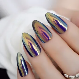 Press On Nails Blue Chrome Glossy Almond Nail Kit