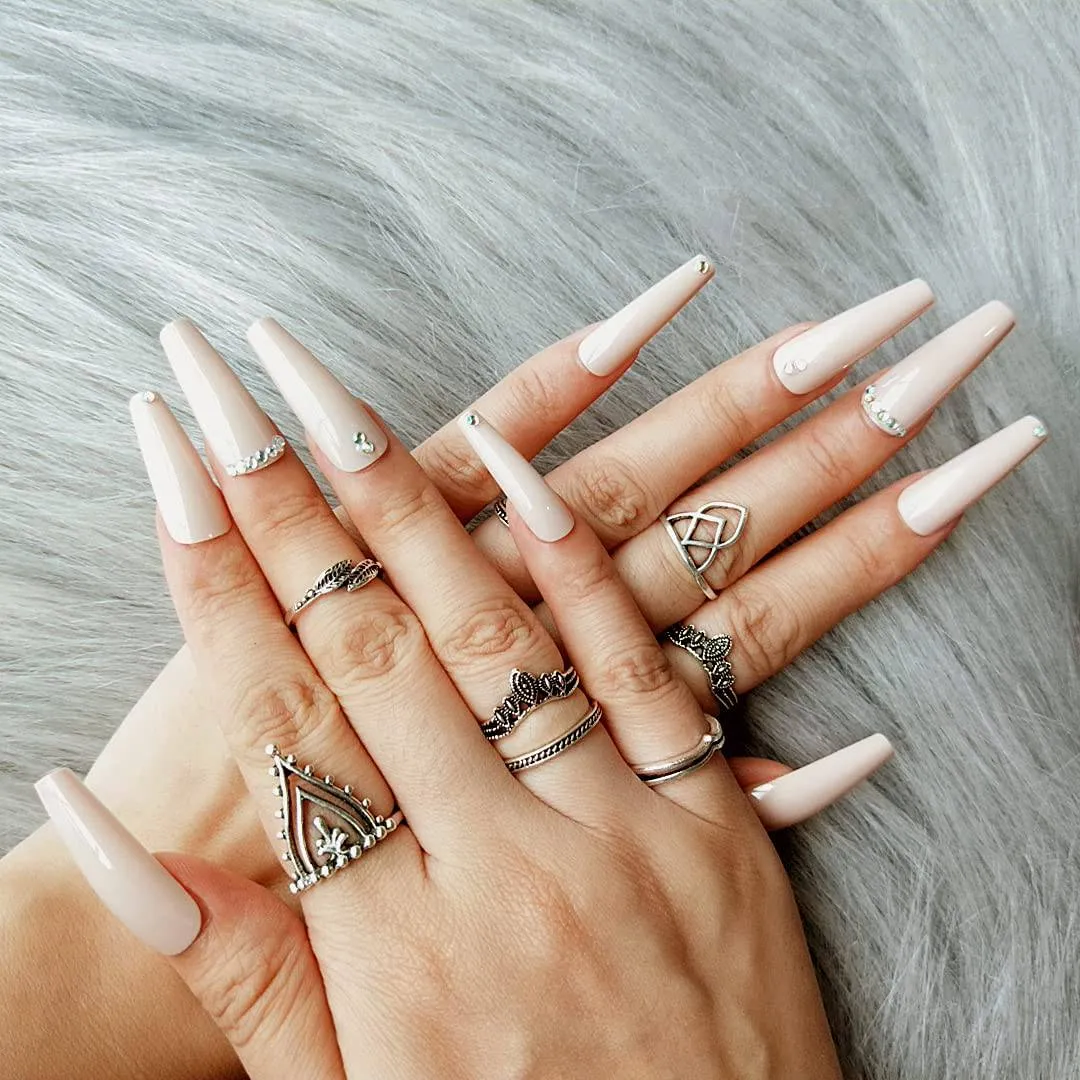 Press On Nails Nude Glossy Coffin Crystal Nail Kit
