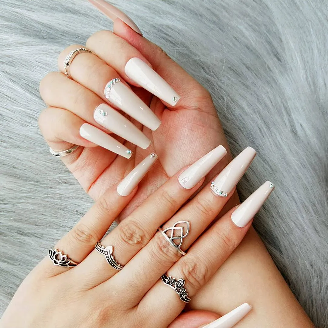 Press On Nails Nude Glossy Coffin Crystal Nail Kit
