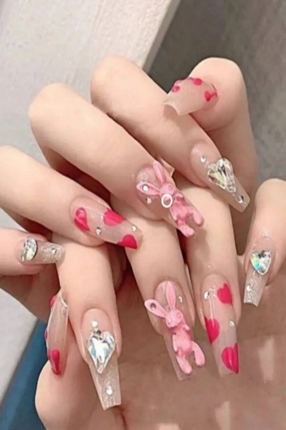 Press On Nails Pink Glossy Clear Coffin Crystal Nail Kit