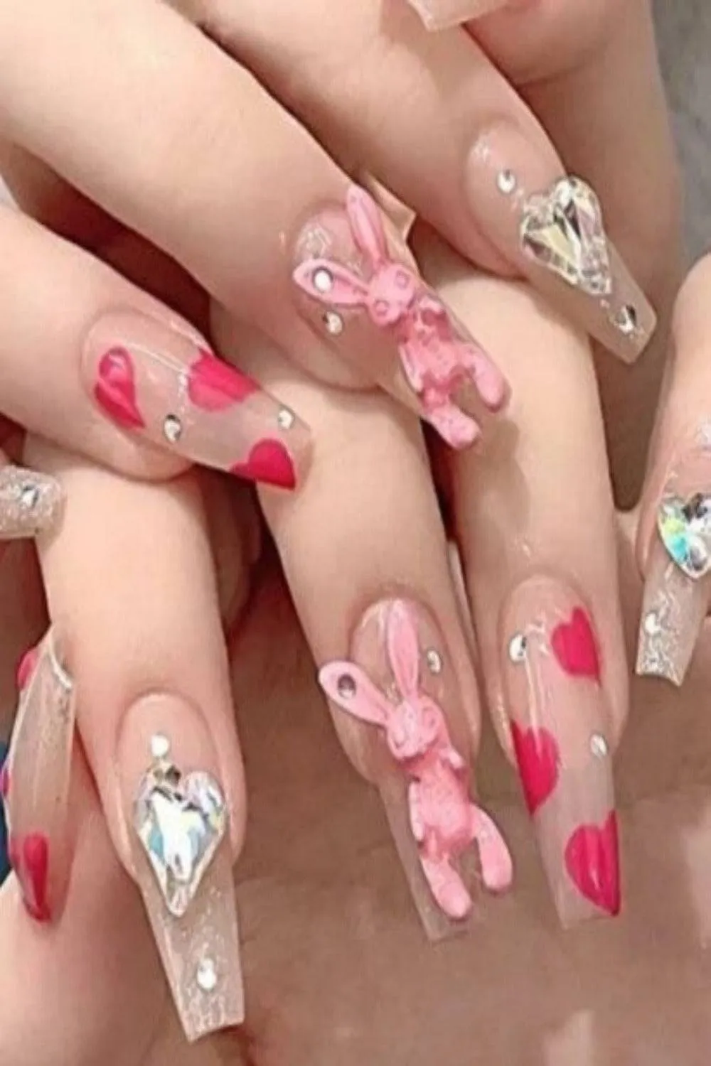 Press On Nails Pink Glossy Clear Coffin Crystal Nail Kit