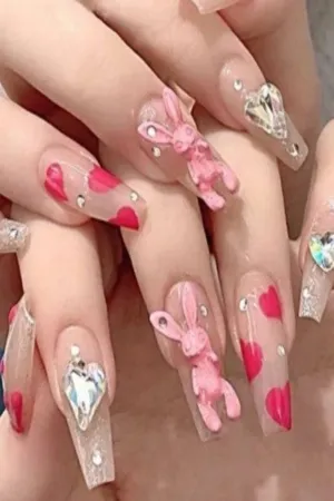 Press On Nails Pink Glossy Clear Coffin Crystal Nail Kit