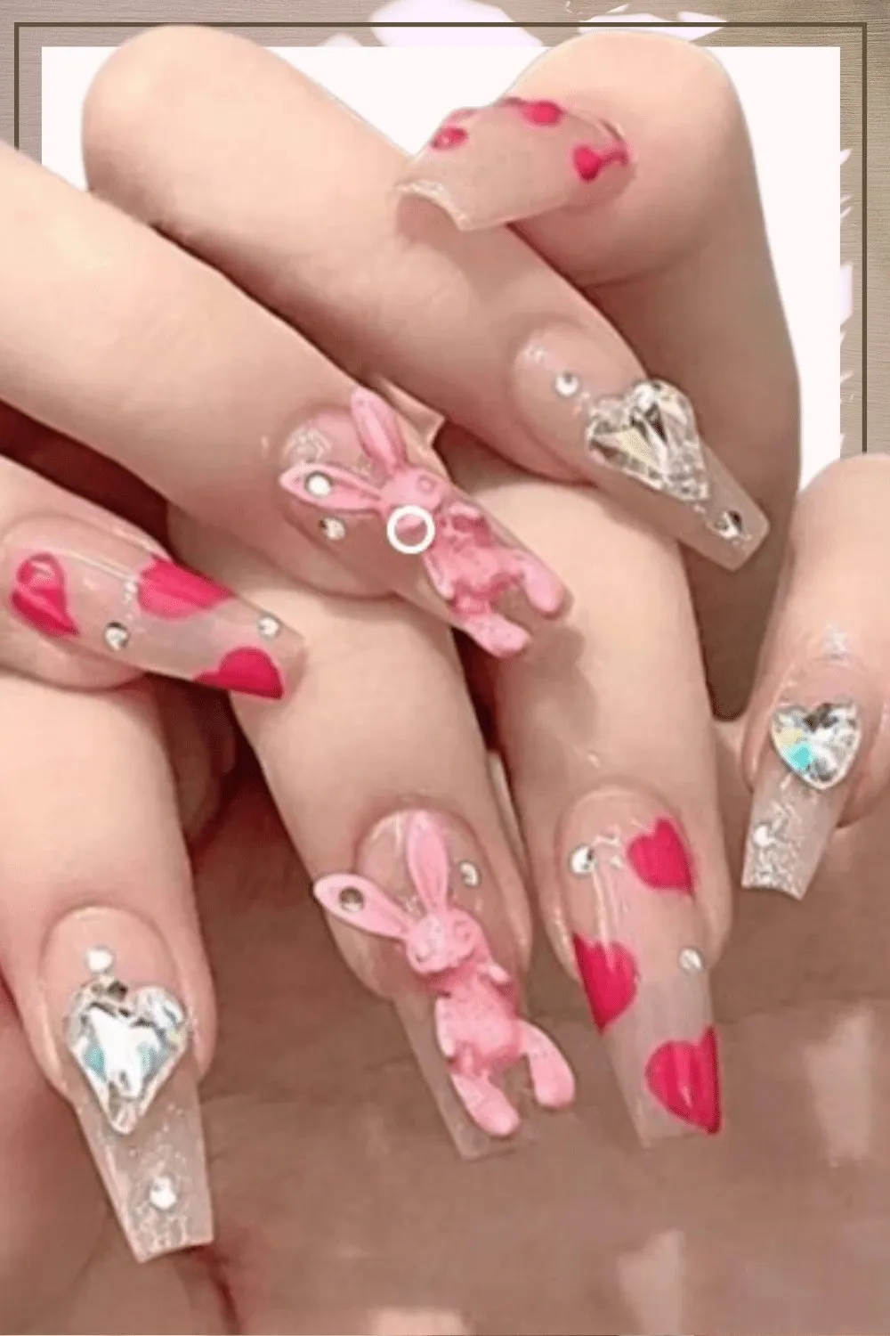 Press On Nails Pink Glossy Clear Coffin Crystal Nail Kit