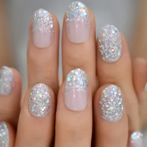 Press On Nails Pink Glossy Oval Silver Glitter Nail Kit