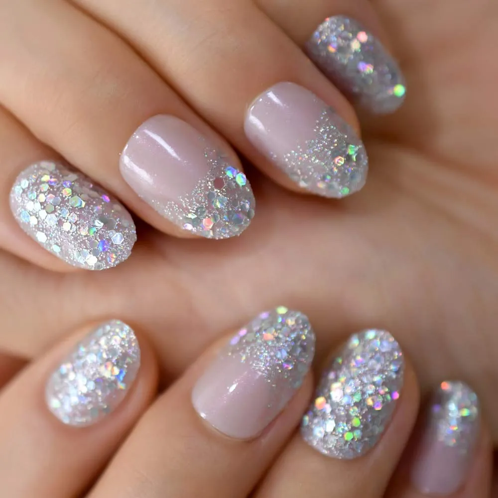 Press On Nails Pink Glossy Oval Silver Glitter Nail Kit