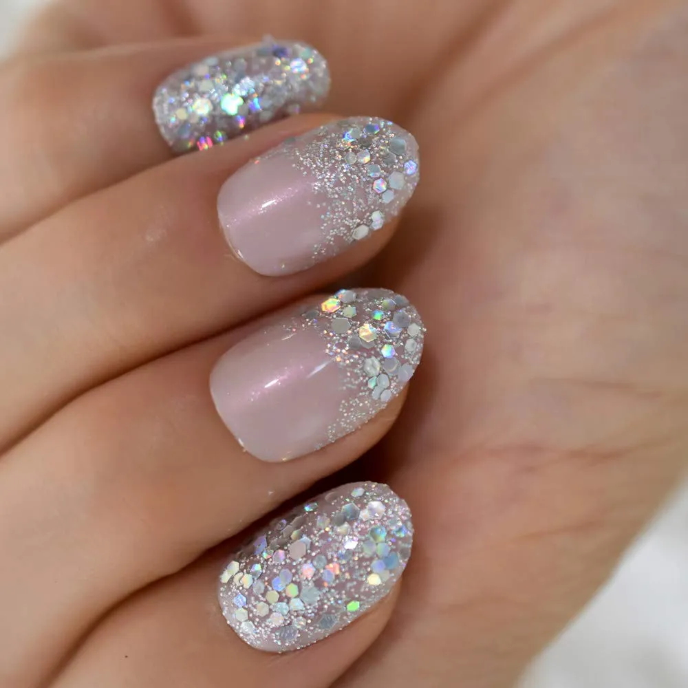 Press On Nails Pink Glossy Oval Silver Glitter Nail Kit