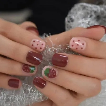 Press On Nails Red Glossy Round Strawberry Nail Kit
