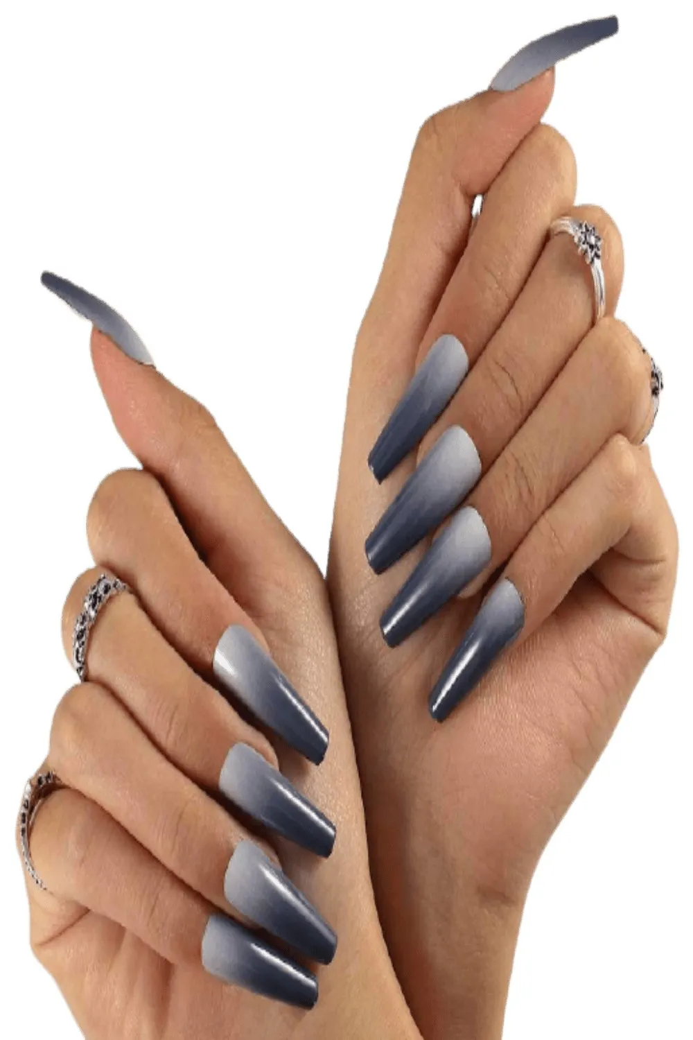 Press On Nails White And Gray Glossy Ombre French Tip Coffin Nail Kit
