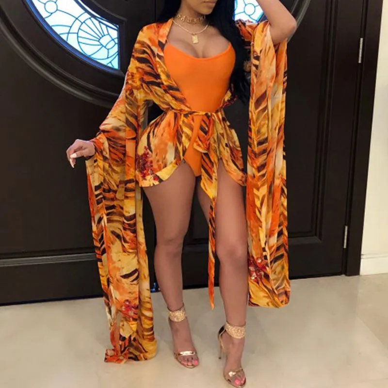 Printed One Piece Swimsuit & Cover Up Set With Belt