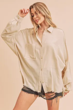 Raw Edge Exposed Seam Collared Neck Long Sleeve Shirt