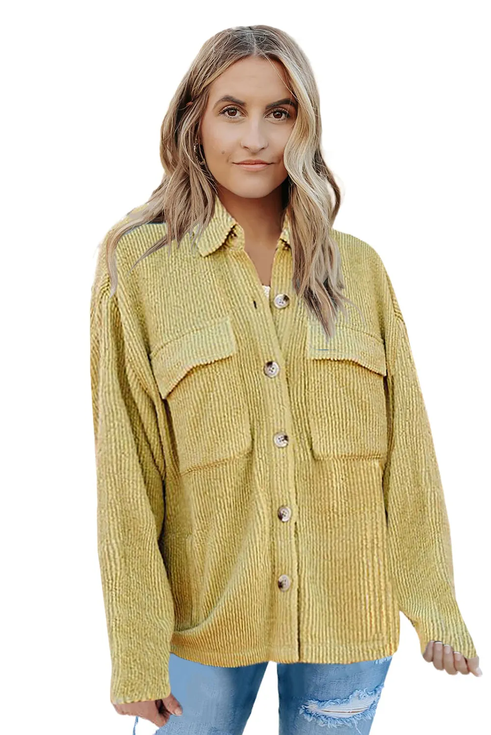 Red Pocketed Button Ribbed Textured Shacket