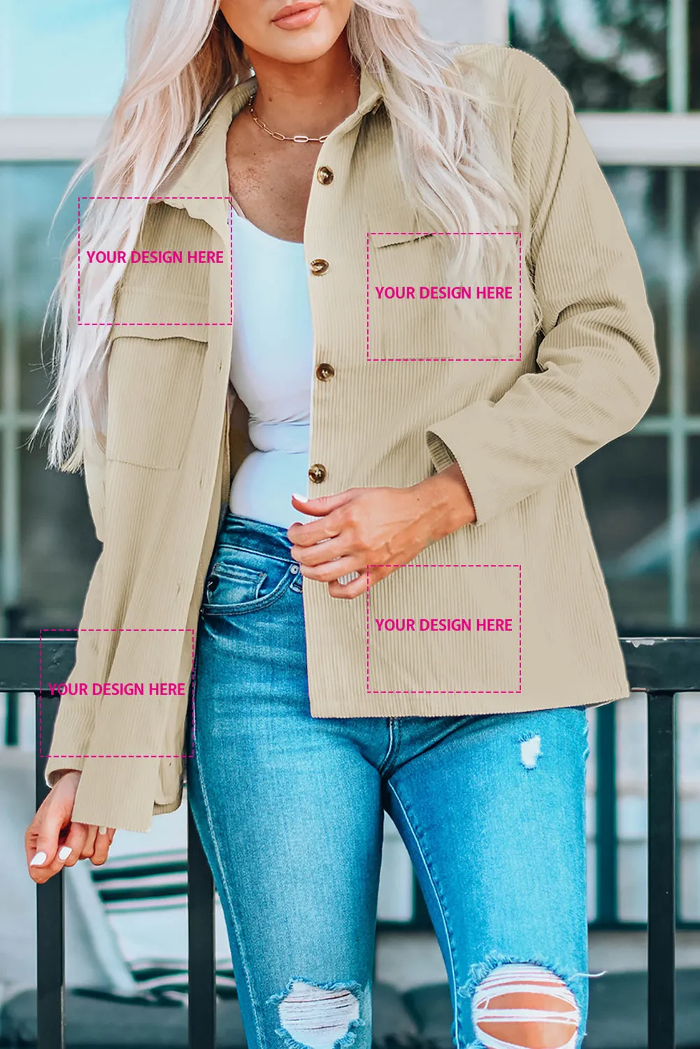 Red Pocketed Button Ribbed Textured Shacket