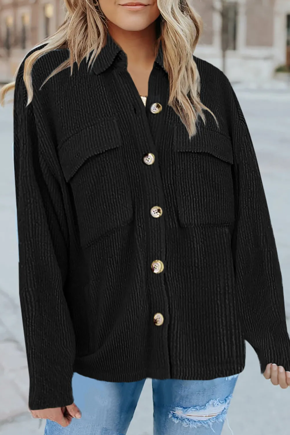 Red Pocketed Button Ribbed Textured Shacket