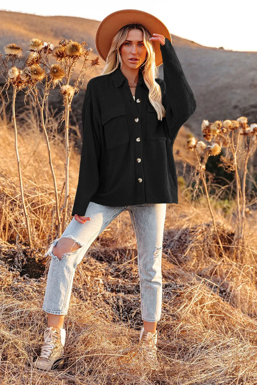 Red Pocketed Button Ribbed Textured Shacket