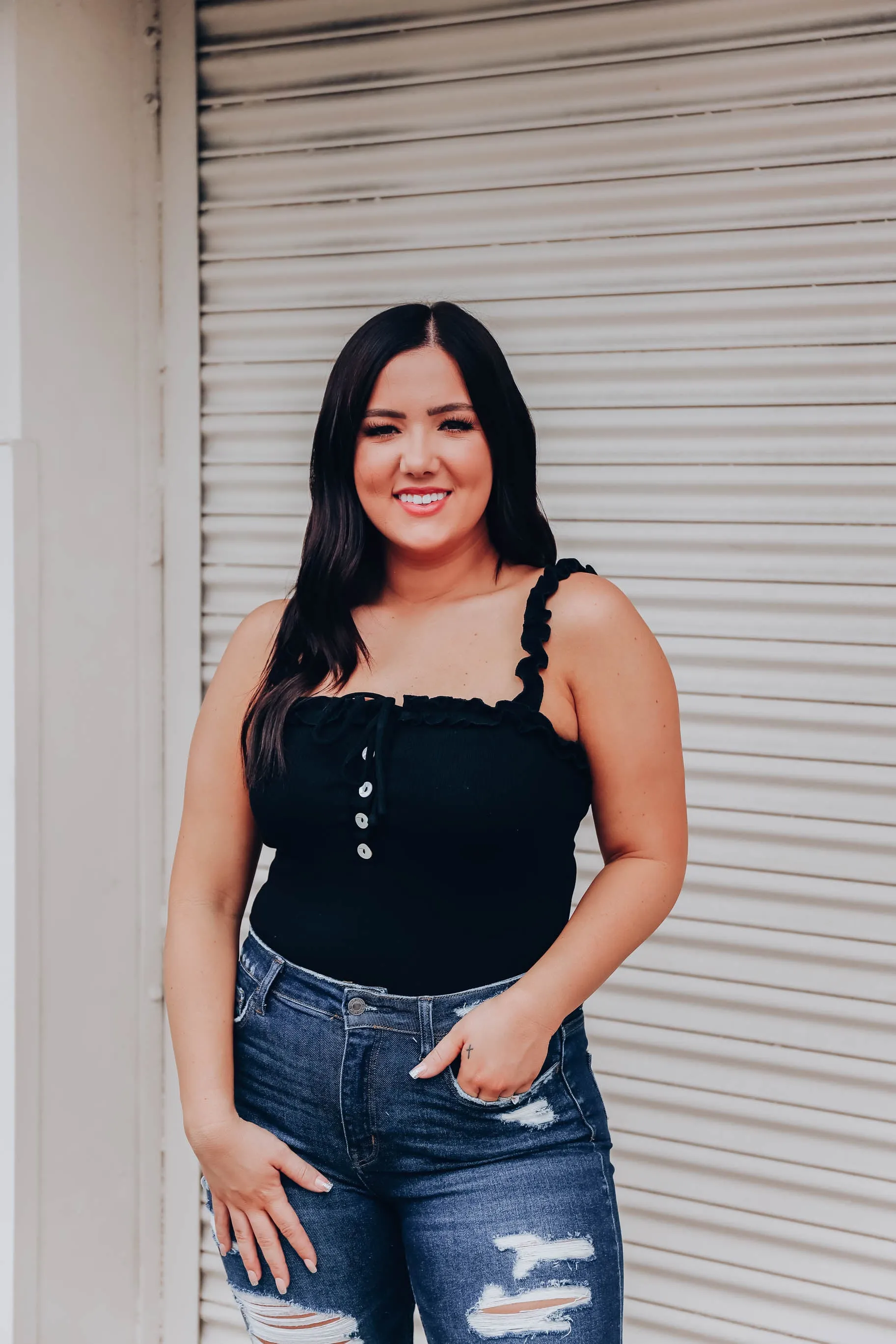 Reno Ruffle Strap Bodysuit - Black