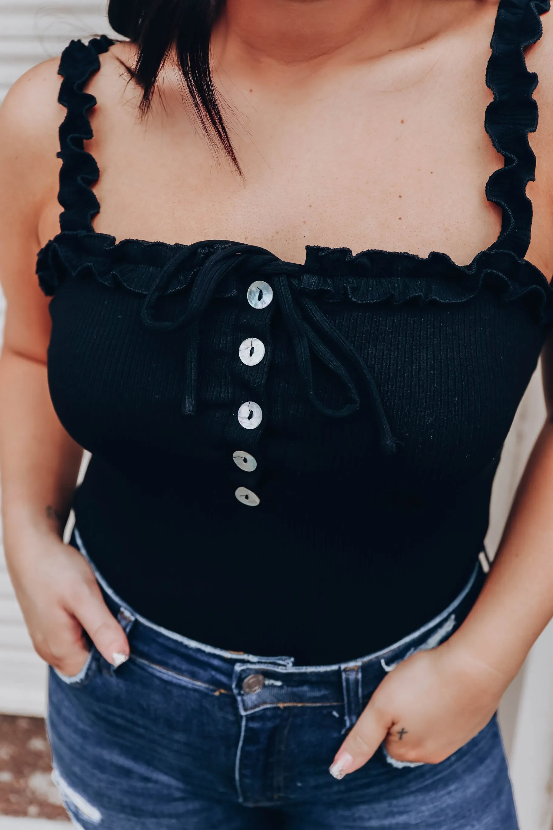 Reno Ruffle Strap Bodysuit - Black