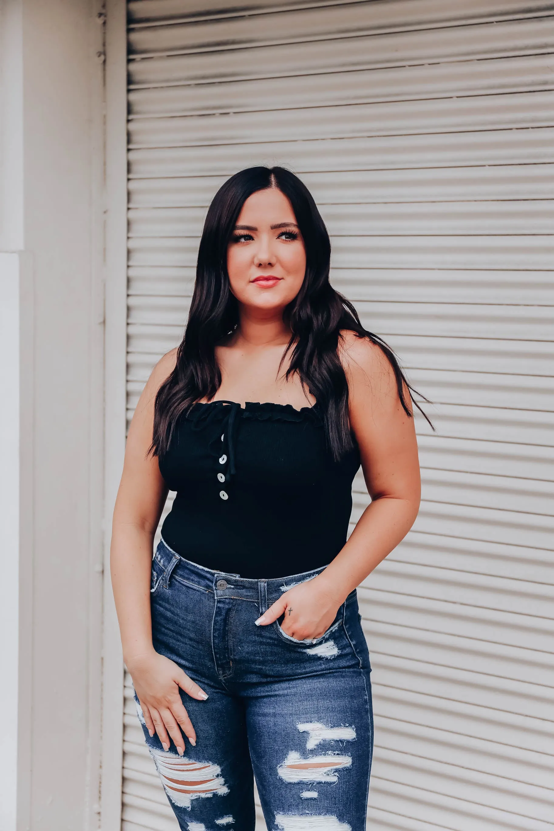 Reno Ruffle Strap Bodysuit - Black