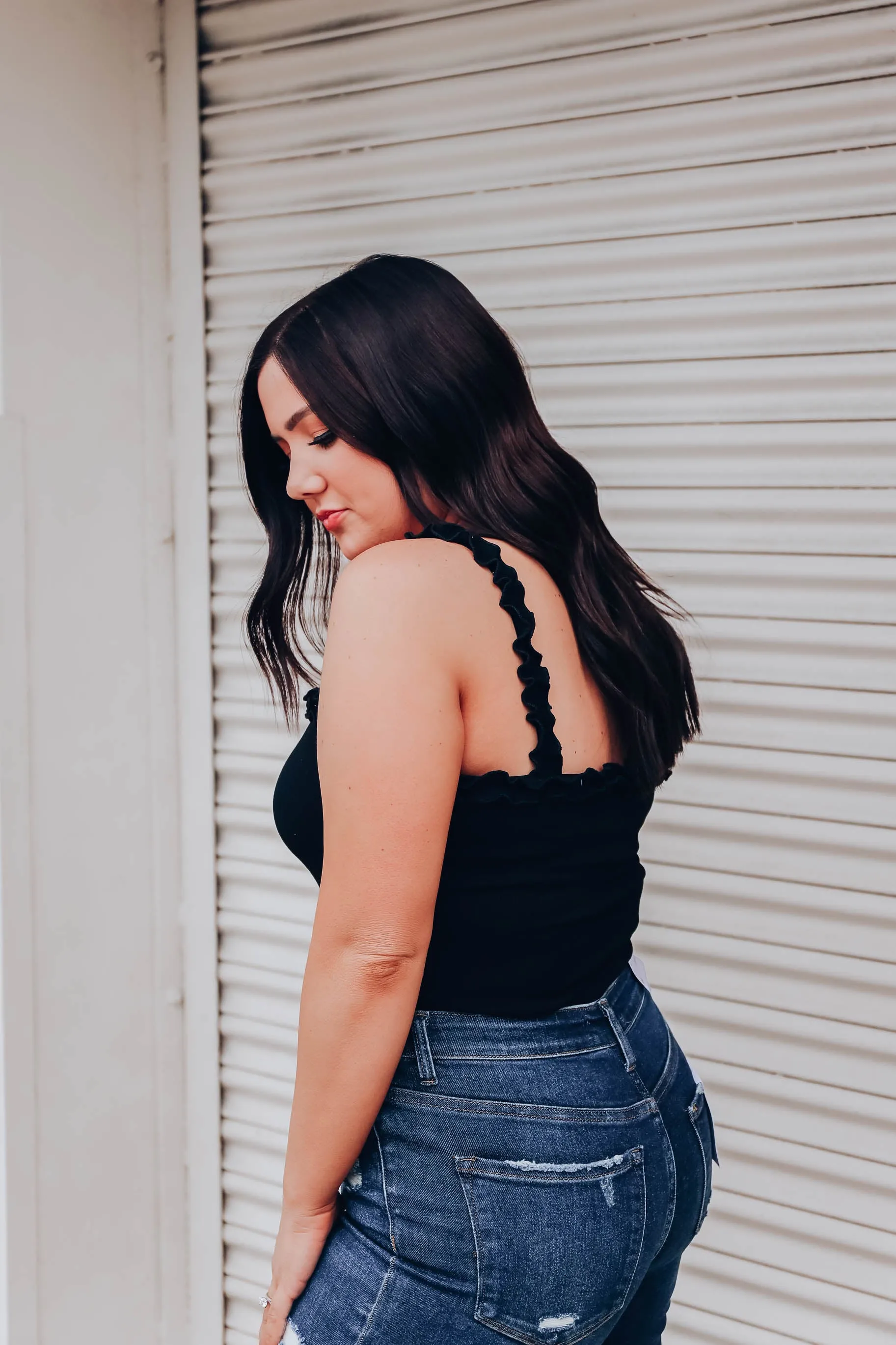 Reno Ruffle Strap Bodysuit - Black