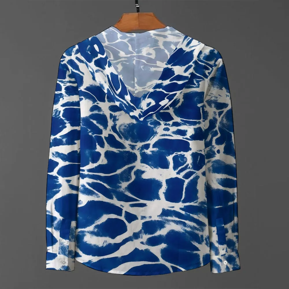 Ripple Texture Hooded Half-Open Long Sleeve Shirt 2408002679