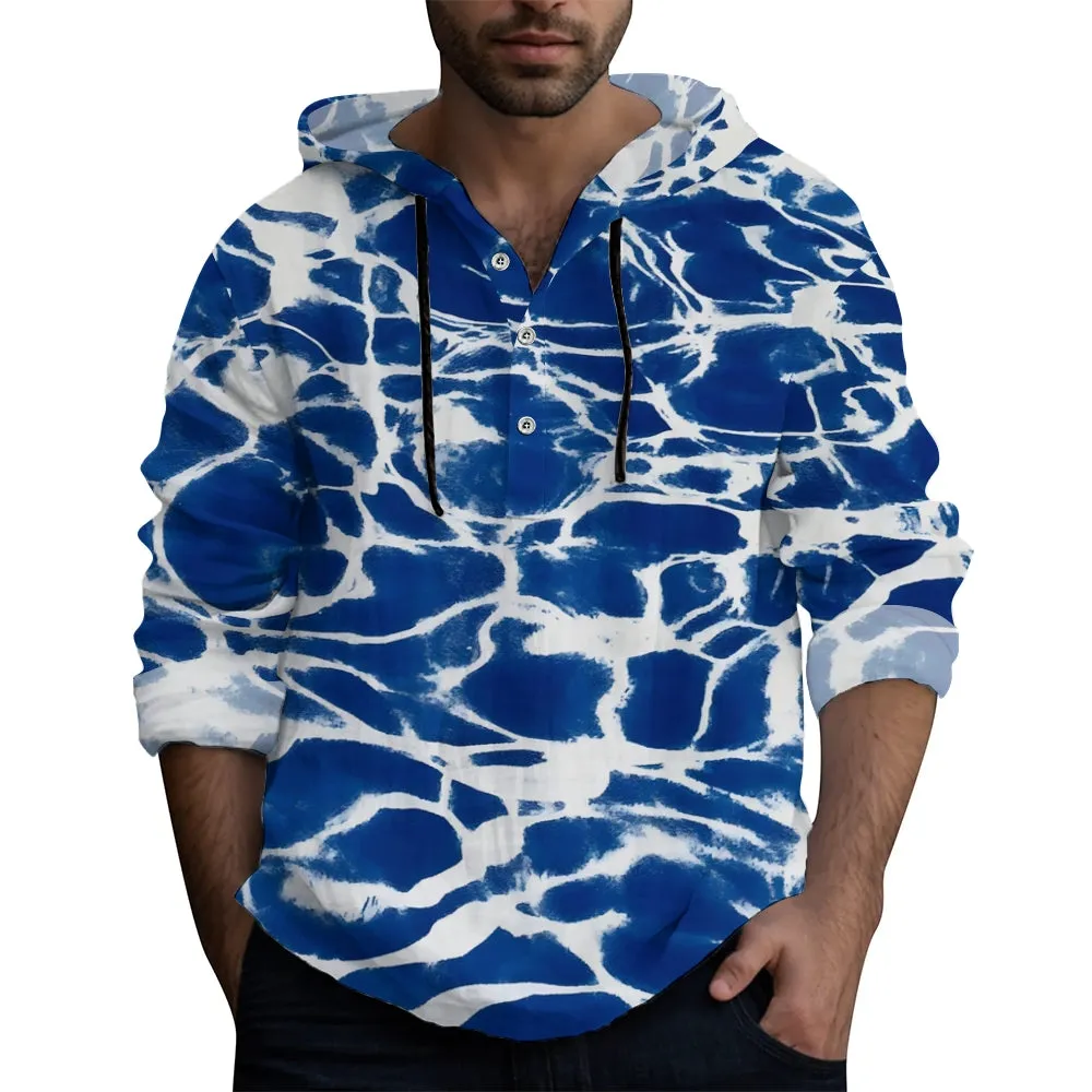 Ripple Texture Hooded Half-Open Long Sleeve Shirt 2408002679