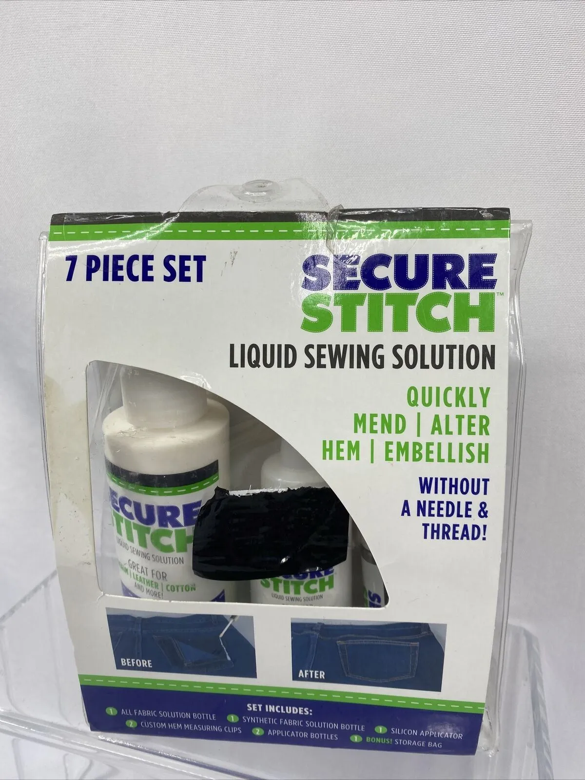 Secure Stitch Liquid Sewing Solution 7pc Set Clothing Repair Mend Hem Upholstery