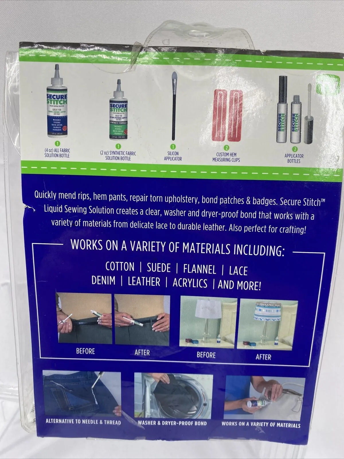 Secure Stitch Liquid Sewing Solution 7pc Set Clothing Repair Mend Hem Upholstery