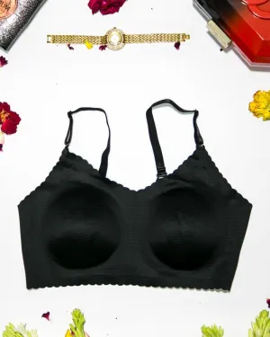 Self Design Cotton Single Padded Bra - Black