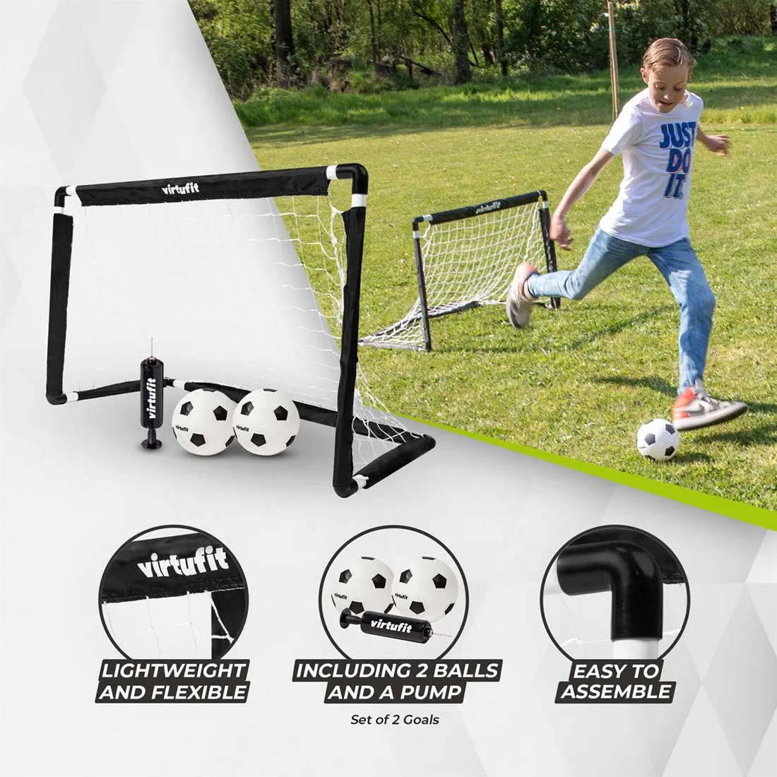 Set poarta fotbal pop-up VirtuFit 92 x 64 cm, cu doua Mingi si Pompa