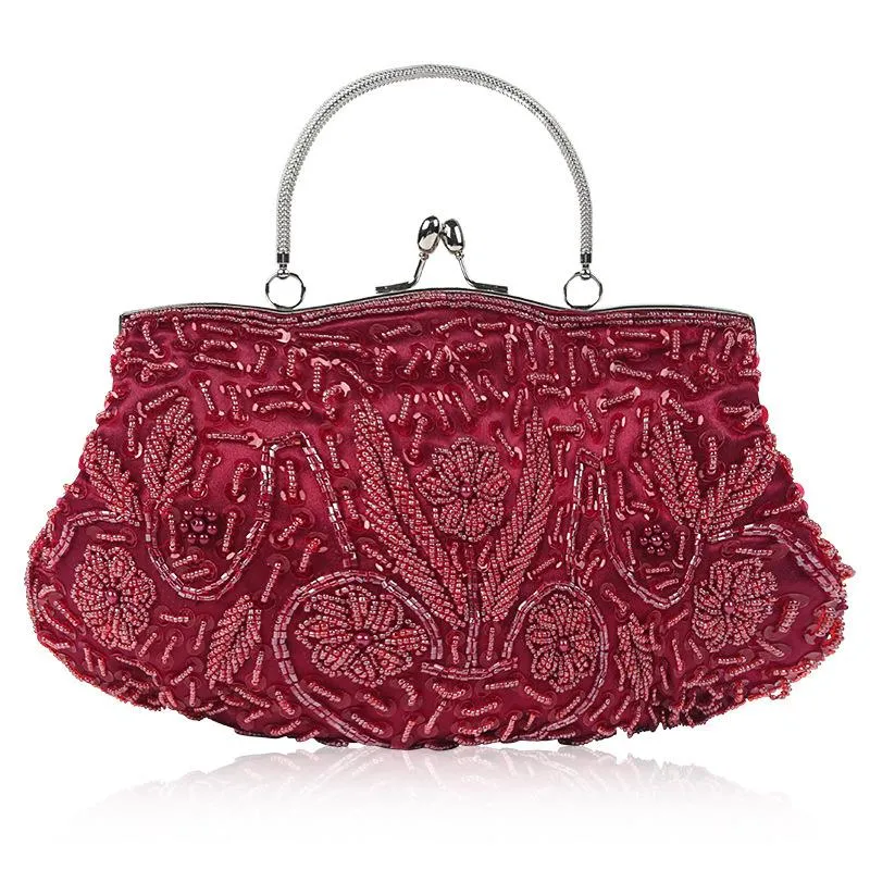 Shimmering Elegant Top-Handled Floral Beaded Clutch Evening Bag Wedding Party