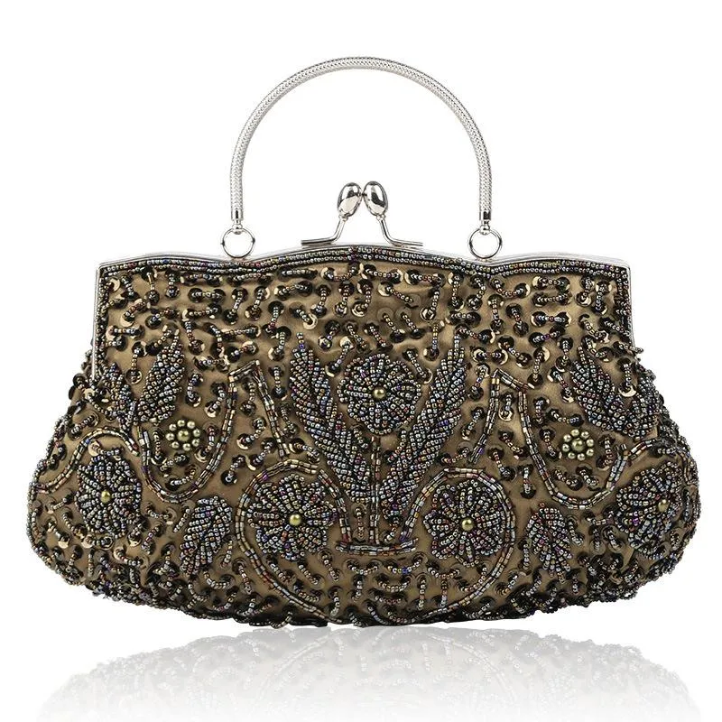 Shimmering Elegant Top-Handled Floral Beaded Clutch Evening Bag Wedding Party