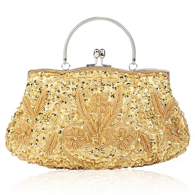 Shimmering Elegant Top-Handled Floral Beaded Clutch Evening Bag Wedding Party