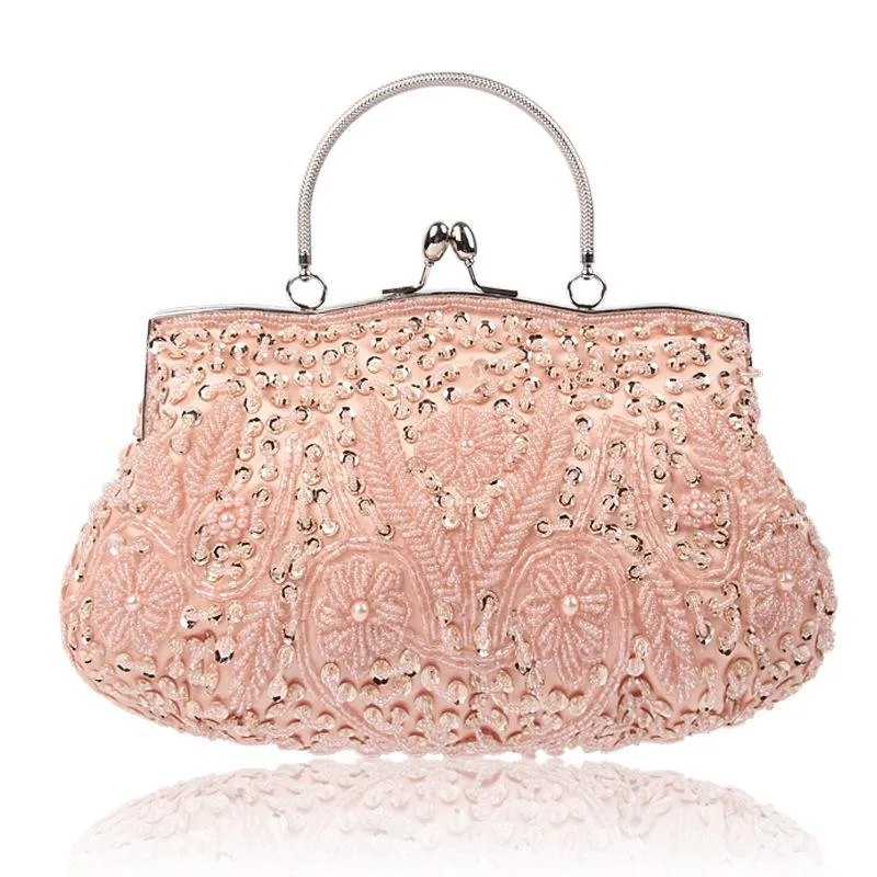 Shimmering Elegant Top-Handled Floral Beaded Clutch Evening Bag Wedding Party