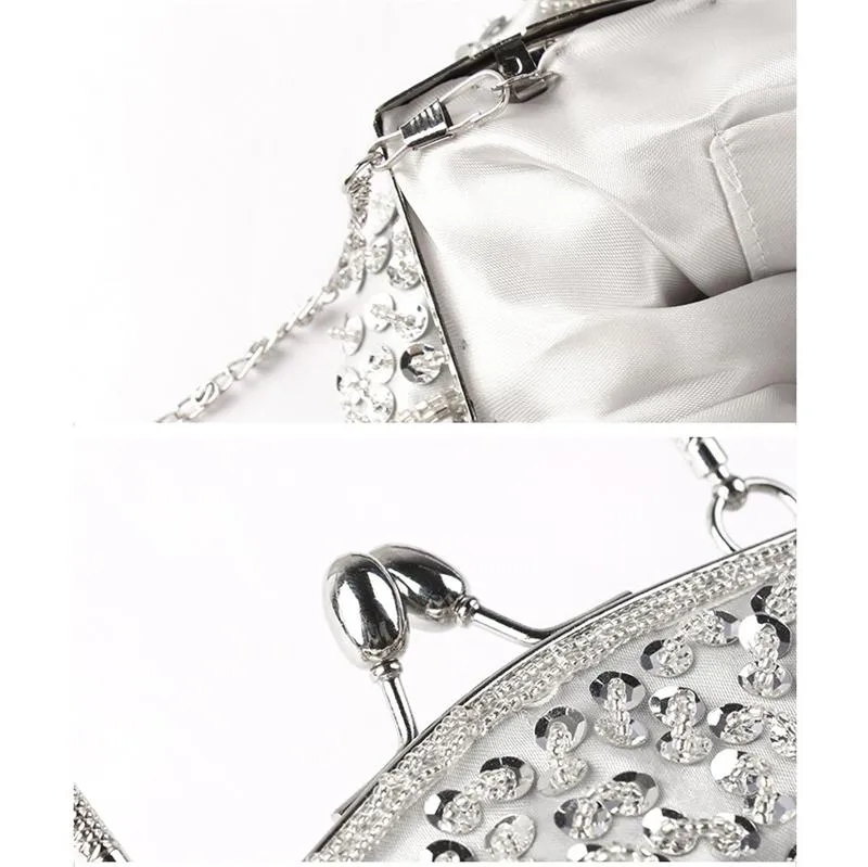 Shimmering Elegant Top-Handled Floral Beaded Clutch Evening Bag Wedding Party