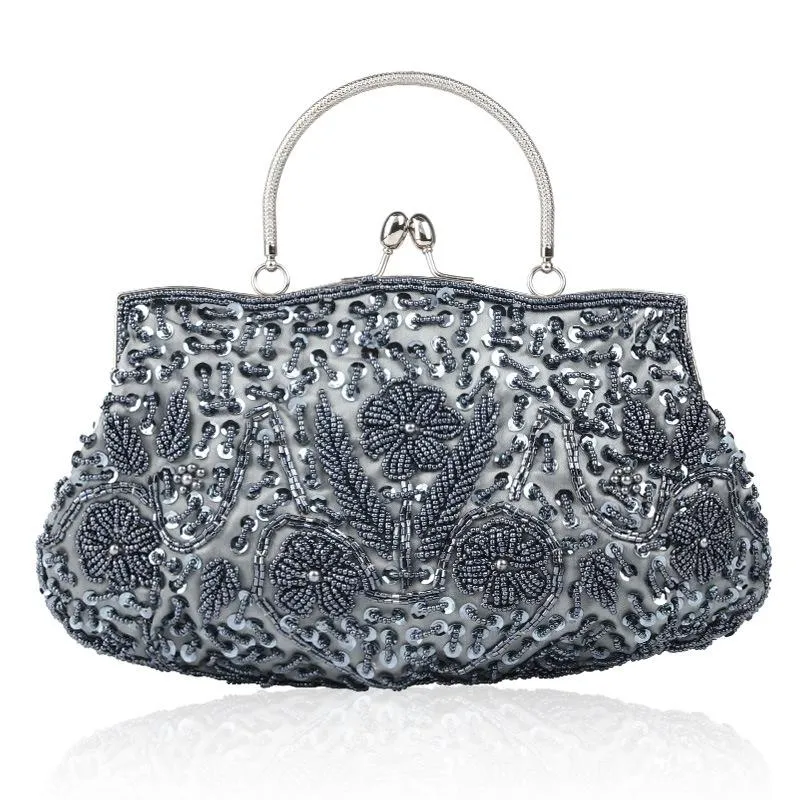 Shimmering Elegant Top-Handled Floral Beaded Clutch Evening Bag Wedding Party