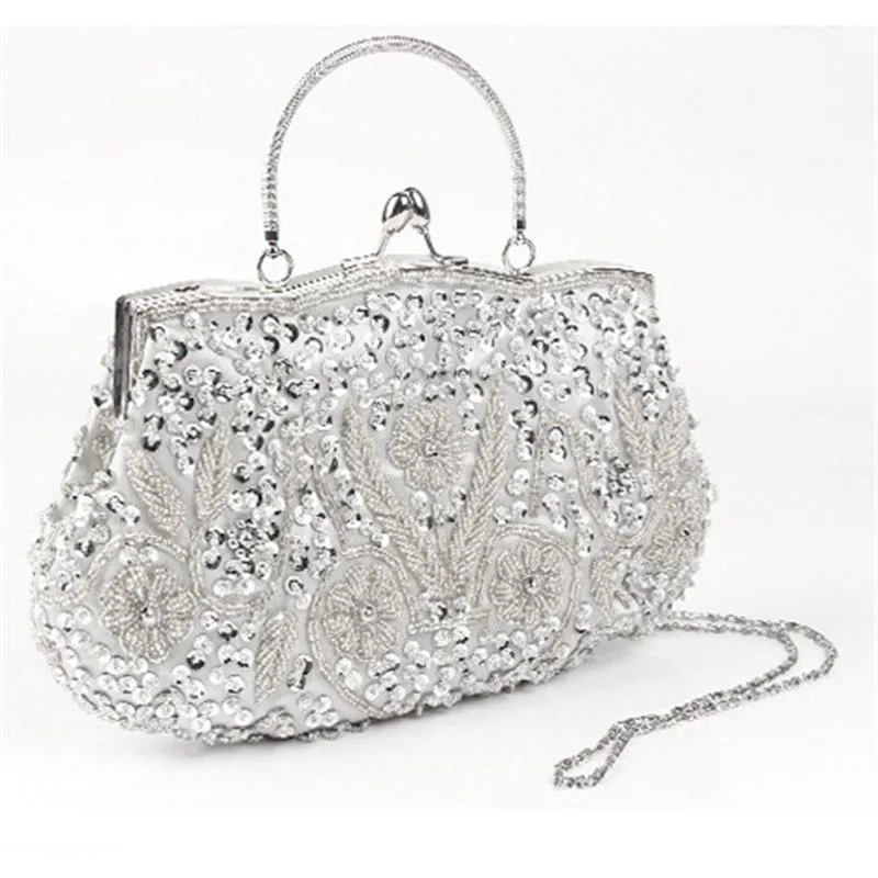 Shimmering Elegant Top-Handled Floral Beaded Clutch Evening Bag Wedding Party