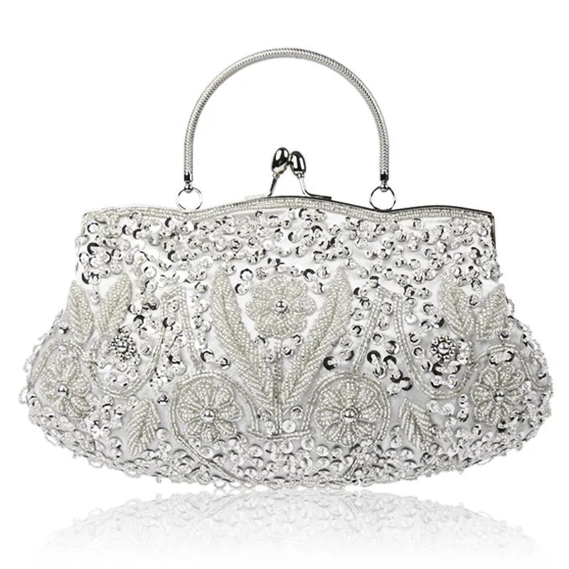 Shimmering Elegant Top-Handled Floral Beaded Clutch Evening Bag Wedding Party