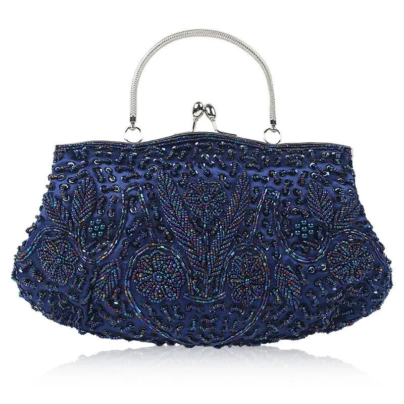 Shimmering Elegant Top-Handled Floral Beaded Clutch Evening Bag Wedding Party