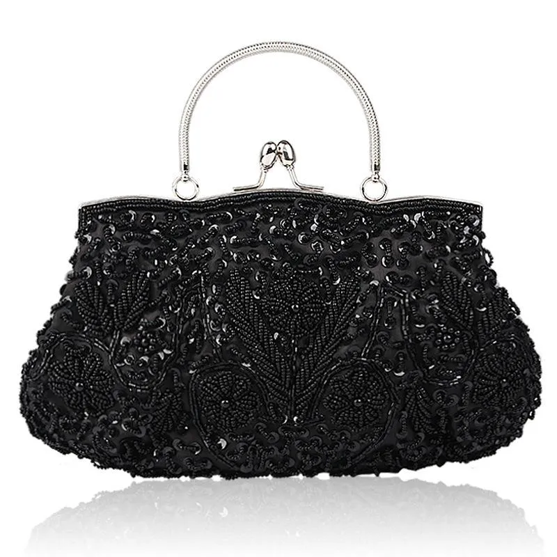 Shimmering Elegant Top-Handled Floral Beaded Clutch Evening Bag Wedding Party