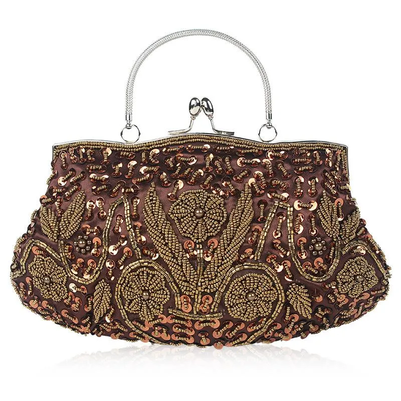 Shimmering Elegant Top-Handled Floral Beaded Clutch Evening Bag Wedding Party