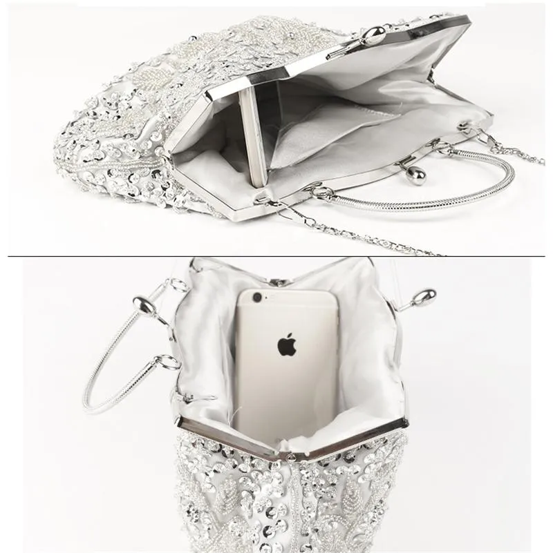 Shimmering Elegant Top-Handled Floral Beaded Clutch Evening Bag Wedding Party