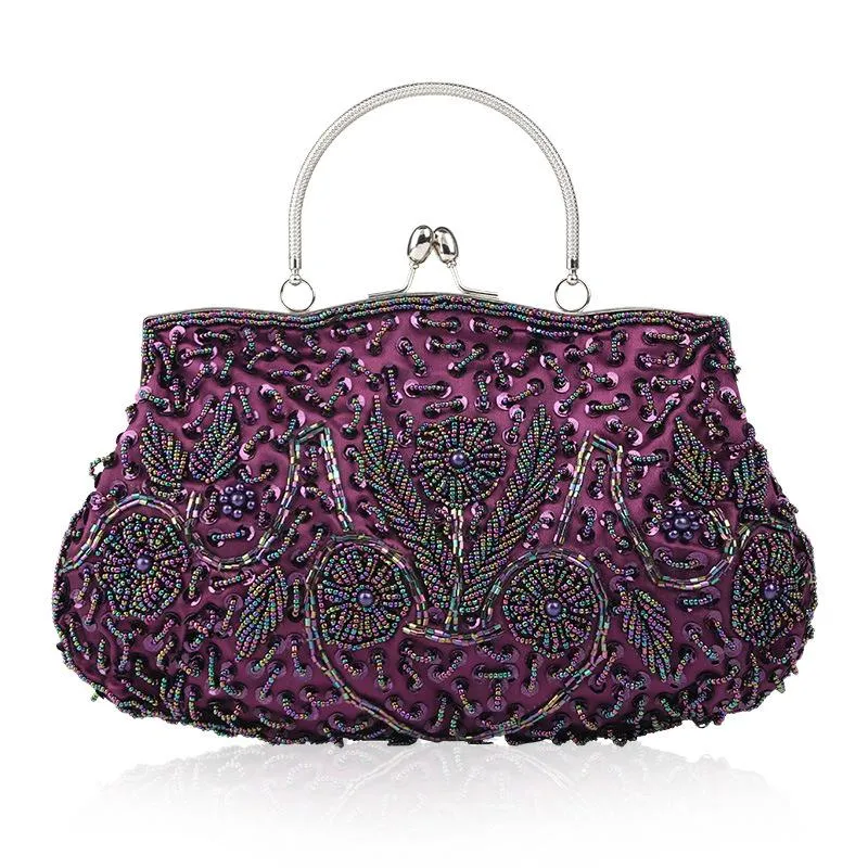 Shimmering Elegant Top-Handled Floral Beaded Clutch Evening Bag Wedding Party