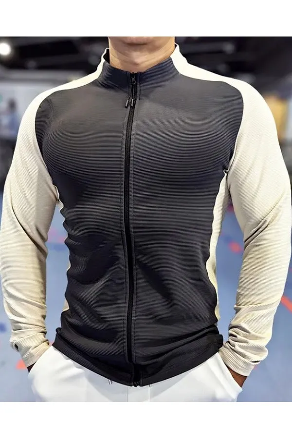Shoulder Cut Two Tone Full Zip Long Sleeve