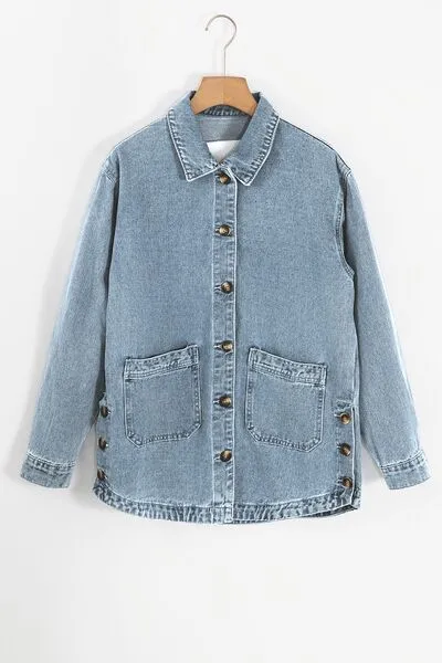 Side Button Slit Denim Jacket with Pockets