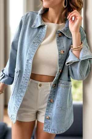Side Button Slit Denim Jacket with Pockets