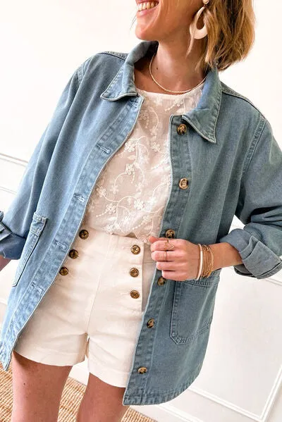 Side Button Slit Denim Jacket with Pockets