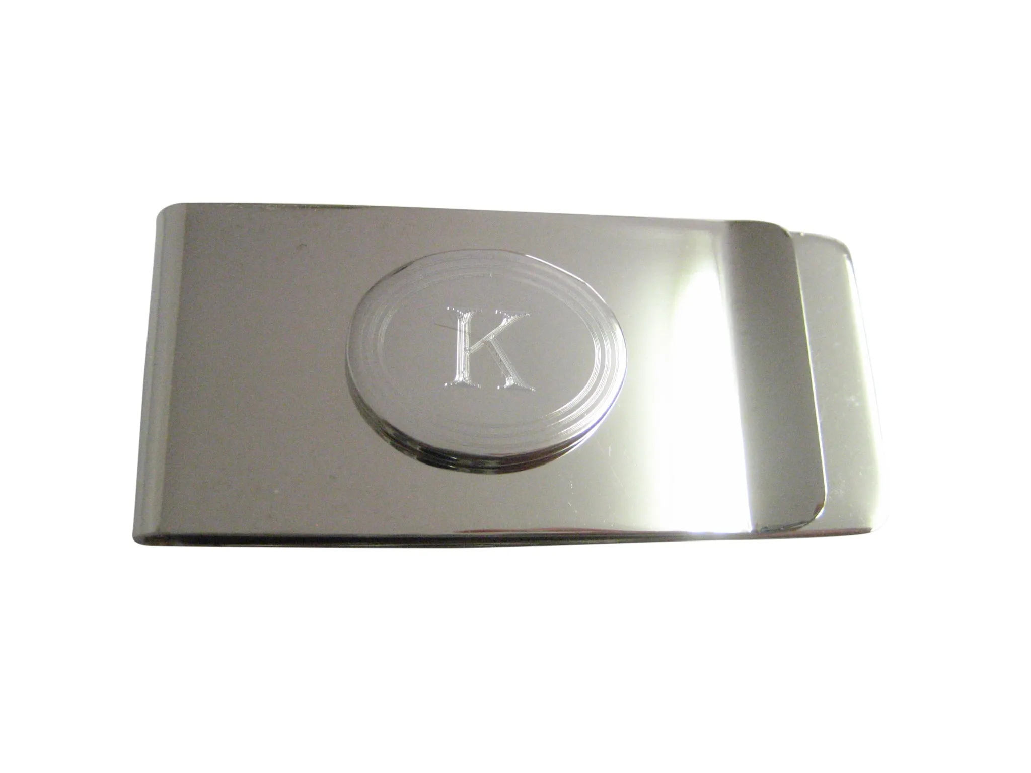 Silver Toned Etched Oval Letter K Monogram Money Clip