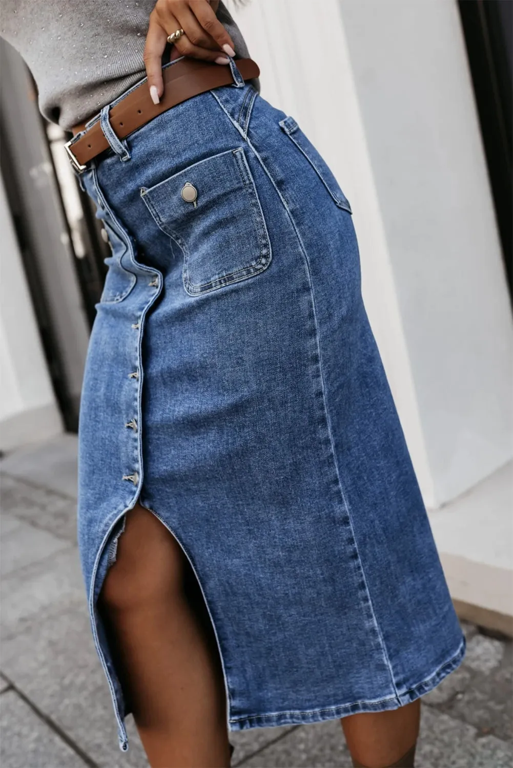 Sky Blue High Waist Buttoned Front Split Pocketed Denim Midi Skirt
